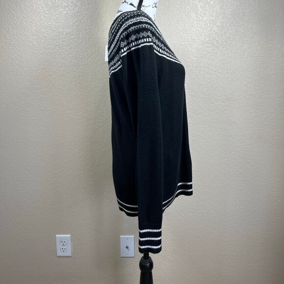 Talbots Black Crewneck knit  Sweater  Spirited Fair Isle lightweight size L - Picture 6 of 9